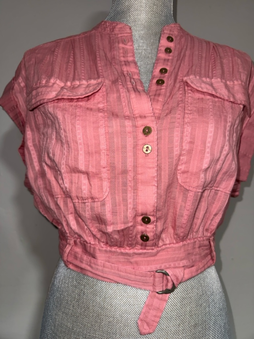 Anthropologie Pink Cropped Button-Up Tie-Waist Top